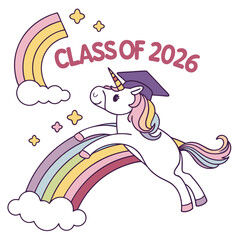Joyful unicorn leaping over pastel rainbow wearing graduation cap jumping clouds