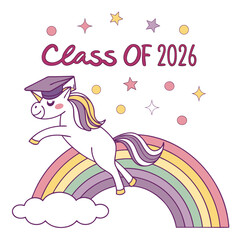 Unicorn with graduation cap leaping over pastel rainbow and stars jumping