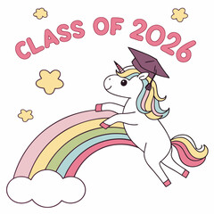 Unicorn graduation cap jumping rainbow clouds vector
