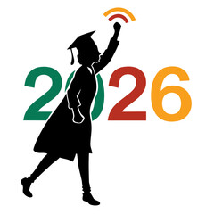 Graduate silhouette raising fist with wifi symbol and year graduation gown