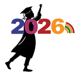 Graduate silhouette raising fist with colorful year graduation gown