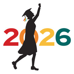 Graduate silhouette raising arm with rainbow tassel against colorful year graduation