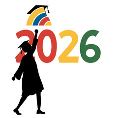 Graduate silhouette raising arm with colorful graduation cap and year gown