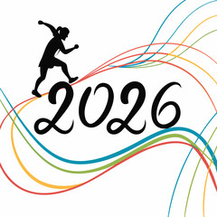 Runner silhouette on colorful wavy lines with year 2026 woman running