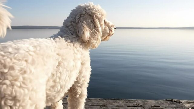 white goldendoodle mini - A fluffy white dog gazes thoughtfully at a serene lake during sunset, with gentle ripples reflecting the warm colors of the sky, creating a peaceful atmosphere
