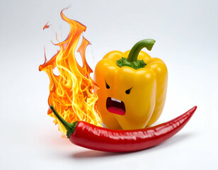 Spicy Veggie Showdown A Scared Bell Pepper and a Fiery Chili Pepper Cartoon