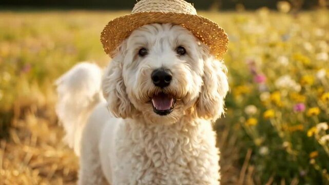 white goldendoodle mini - A playful dog wearing a straw hat walks along a sunlit path in a vibrant flower field, capturing the essence of a joyful day in nature