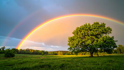 Naklejka premium A vibrant rainbow arcs over a lush green landscape with a solitary tree.