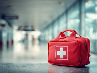 Red first aid kit in hospital
