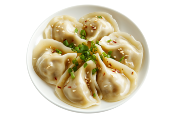 Steamed mandu dumplings placed in circular pattern on ceramic plate, isolated on white transparent background, concept of Asian cuisine