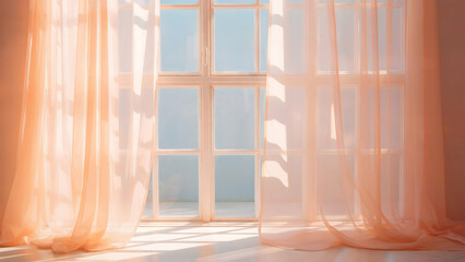 Fototapeta premium Peach Curtain And Window Light With An Open View Interior Background For Calm Home Decor And Gentle Morning Sunlight