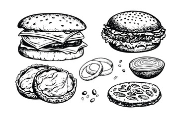 Burger Ingredients Exploded View Vector Engraving Set. Detailed Deconstructed Layers. Vintage Stipple & Hatching Style Icons & Symbols