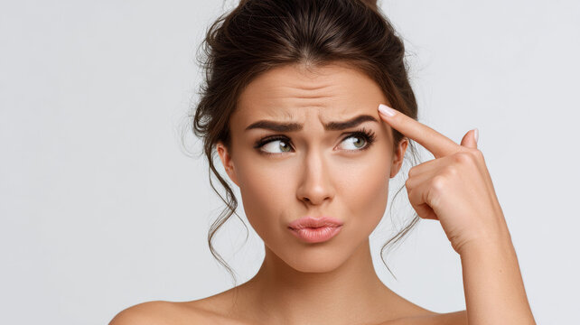 Young woman with wrinkles on forehead pointing at skin, showing concern and thoughtful expression