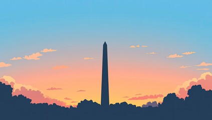 Silhouette of Washington Monument at sunset.  Silhouetted monument against vibrant sunset.  Soft pastel colors, clear sky.  Simple, flat design.  Background depicts clouds and trees