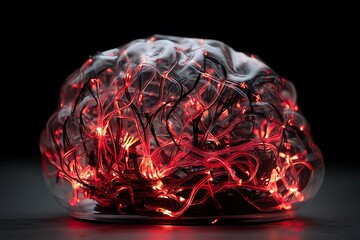 Anxiety as a storm of tangled neon wires, glowing red and black, trapped inside a glass brain model