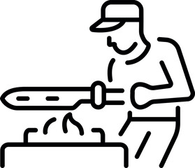 Line icon showing a character using knife sharpening machine 