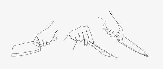 set of one line drawing of hands holding different knives. Editable line. Vector illustration
