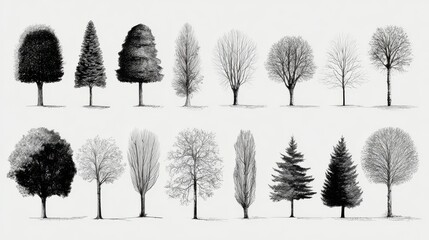 Fototapeta premium Ultra quality image of minimalist pencil art of trees, collection of different species and forms, black and white vector illustration for design use.