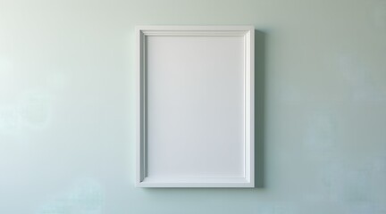 Minimalist white picture frame hanging on a light blue textured wall