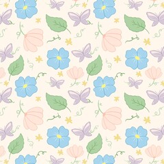 Hand Drawn Pastel Floral And Butterfly Doodle Seamless Pattern