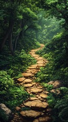Obraz premium Scenic nature trail with winding pathway through lush forest, detailed digital illustration, serene outdoor vibe