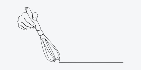 Continuous one line drawing of hand holding whisk. Editable line. Vector illustration.