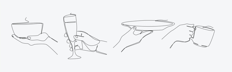Set continuous one line drawing of hands holding tableware. Bowl, glass, plate, and mug. Editable line. Vector illustration.