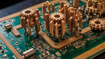 Wooden Figures on Circuit Board Connected to Central Gear and Data Charts – Symbolizing Technological Network, System Integration, and Human-Centered Data Analysis