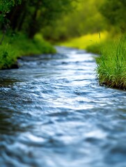 Fototapeta premium Serene stream flowing beside peaceful trail, tranquil digital nature artwork with soft water textures