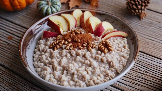 A bowl of warm oatmeal adorned with sliced apples, nuts, and a sprinkle of spices rests on a wooden table. Autumn decor surrounds the dish, capturing the cozy seasonal atmosphere