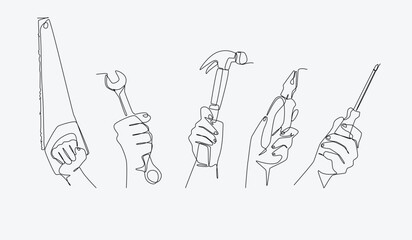 Set continuous one line drawing of hands holding working tools. Editable line. Vector illustration.