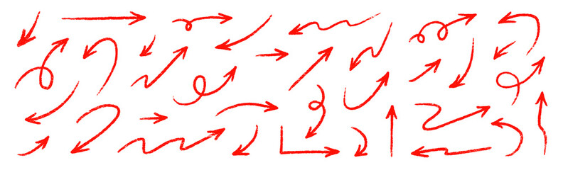 Arrow red hand handwritten sketch vector. Hand drawn pencil marker doodle arrow set brush line, curved direction pen style. Big thick rough artistic stroke for red clipart. Vector illustration