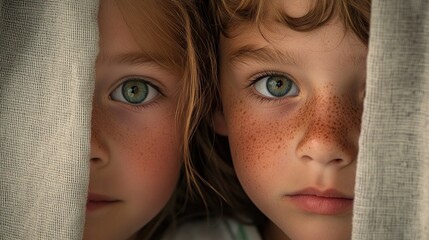 Two children's faces peeking through a curtain