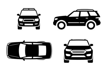 Obraz premium SUV and Car Icon Set Front, Side, Top Views - Vector Illustrations