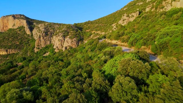 A mountain side with lots of green trees and a red colored cliff face. Location: Tunisia, Zaghouan , Sidi Bougabrine.