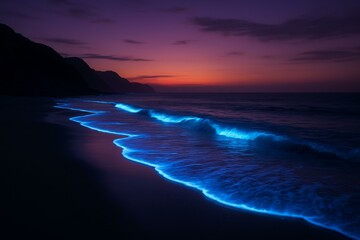 Fototapeta premium Bioluminescent waves glow along the shoreline at dusk, creating a magical and serene atmosphere against fading twilight