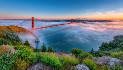 Golden Gate Bridge at sunrise through mist