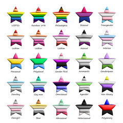 Set of colorful 3d LGBTQ+ pride flag star shape Gender equality and sexual identity pride flags collection LGBTQIA community pride month