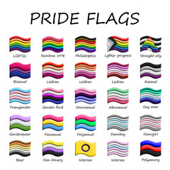 Set of colorful 3d LGBTQ+ pride flags Gender equality and sexual identity pride flags collection LGBTQIA community pride month