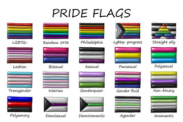 Set of colorful LGBTQ+ pride flags Gender equality and sexual identity pride flags collection...
