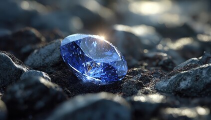 Blue jewel found on a stony ground, discovery concept, rocky background, luxury ad
