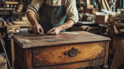 Woodworker polishing antique table