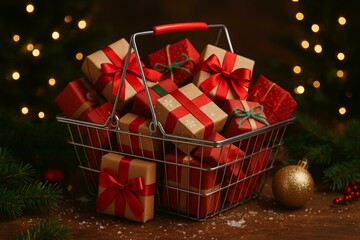 Christmas gift boxes with red ribbons in a shopping basket, surrounded by festive decor and soft lights, holiday mood