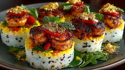 Biryani sushi rolls with saffron rice and tandoori shrimp, edible gold leaf garnish