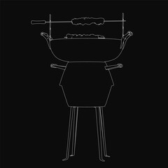 Black and white sketch-style barbecue grill on a dark background, featuring a handle on one side and a slightly open lid revealing the interior. The illustration has clean lines and a minimalist.