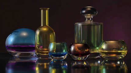Elegant crystal glassware displays a vibrant spectrum of neon CMYK colors on a polished surface