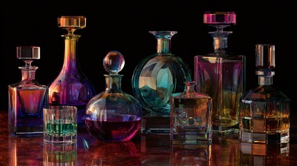 Crystal glassware collection featuring a radiant array of vibrant, iridescent CMYK color gradients