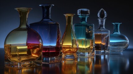 A collection of crystal decanters and glass bowls, showcasing a smooth transition of vibrant neon