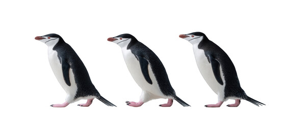 Naklejka premium Three penguins walking in a row against a plain background, showcasing their unique movement