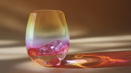 Elegant tall crystal vase showcases a vibrant gradient of neon CMYK colors, filled with crystal